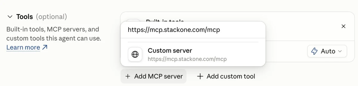The Claude Console's Create agent form with the Tools section open. https://mcp.stackone.com/mcp is typed into the Add MCP server search and offered as a Custom server.