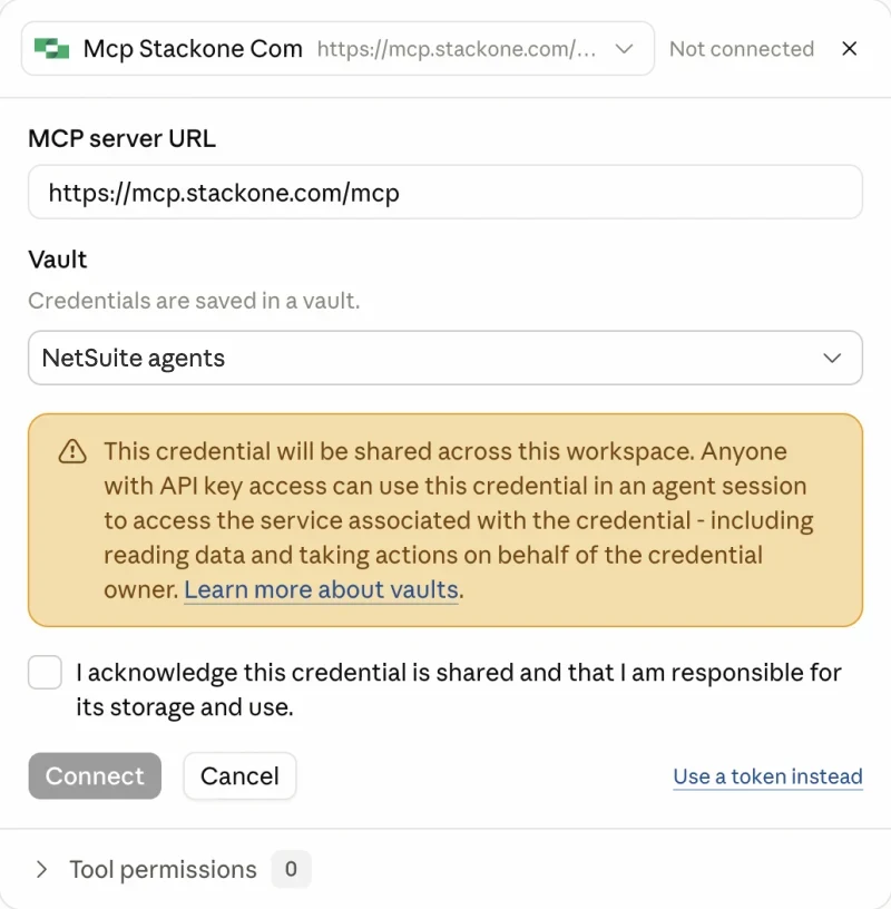 The StackOne server's Connect panel in the Claude Console: the MCP server URL, a NetSuite agents vault, a warning that the credential is shared across the workspace and usable by anyone with API key access, and an acknowledgement checkbox above the Connect button.