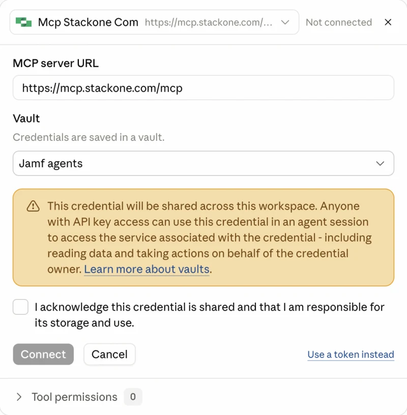 The StackOne server's Connect panel in the Claude Console: the MCP server URL, a Jamf agents vault, a warning that the credential is shared across the workspace and usable by anyone with API key access, and an acknowledgement checkbox above the Connect button.
