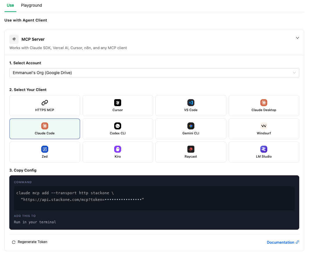 StackOne Connect Hub — select account, choose client, copy config