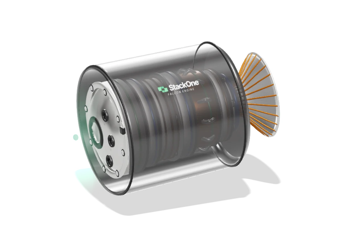 The assembled Falcon rocket engine, with a dark StackOne casing and an outlet nozzle.