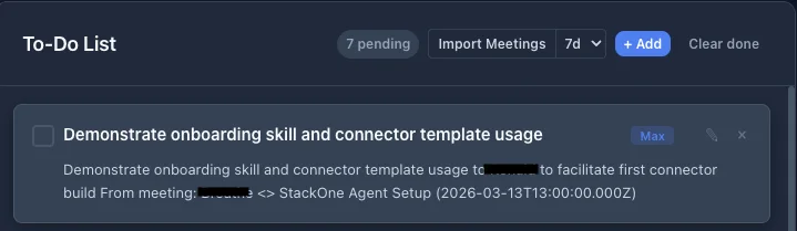 StackDash to-do list showing an action item imported from a Fireflies meeting transcript, with Import Meetings button and pending tasks