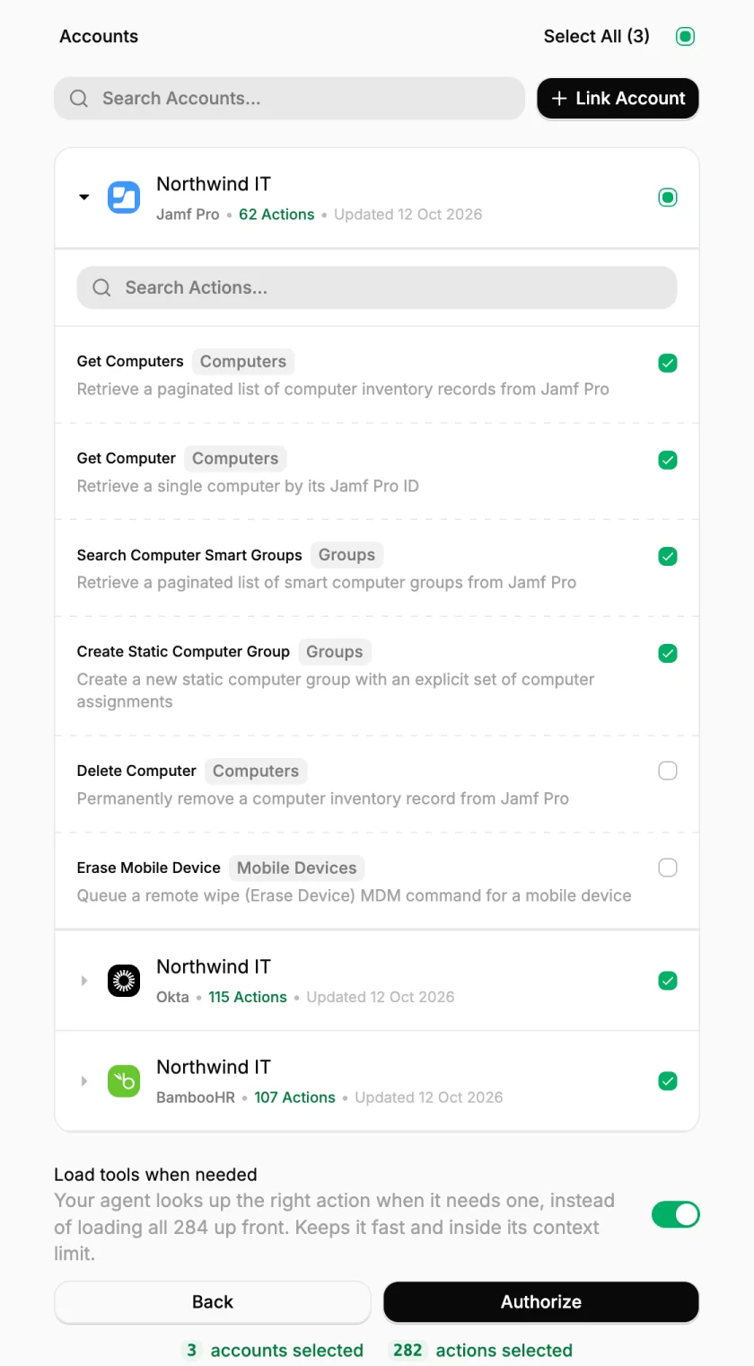 Illustration of StackOne's Select accounts screen with a Jamf Pro account expanded. Get Computers, Get Computer, Search Computer Smart Groups and Create Static Computer Group are ticked; Delete Computer and Erase Mobile Device are left unticked. Okta and BambooHR accounts sit below, and Load tools when needed is on.