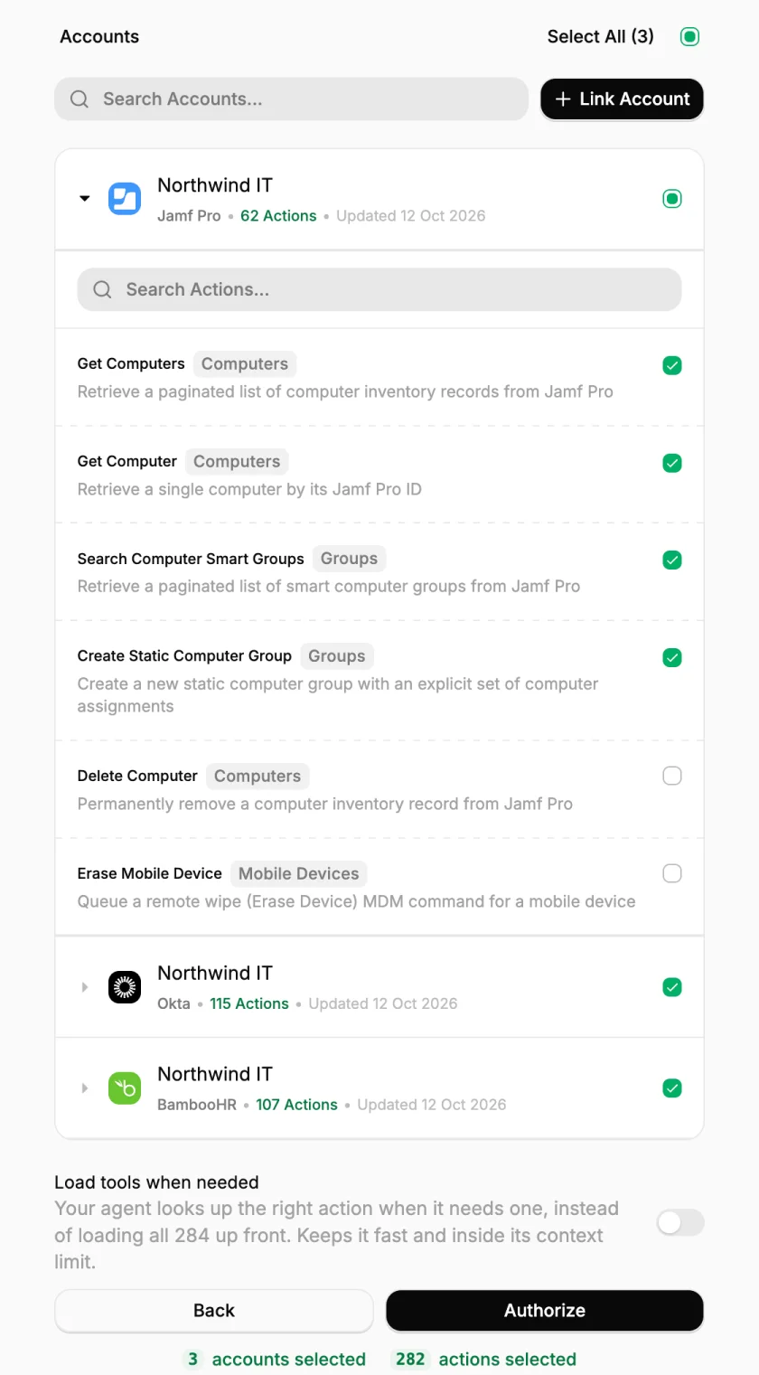 Illustration of StackOne's Select accounts screen with a Jamf Pro account expanded. Get Computers, Get Computer, Search Computer Smart Groups and Create Static Computer Group are ticked; Delete Computer and Erase Mobile Device are left unticked. Okta and BambooHR accounts sit below, and Load tools when needed is off.
